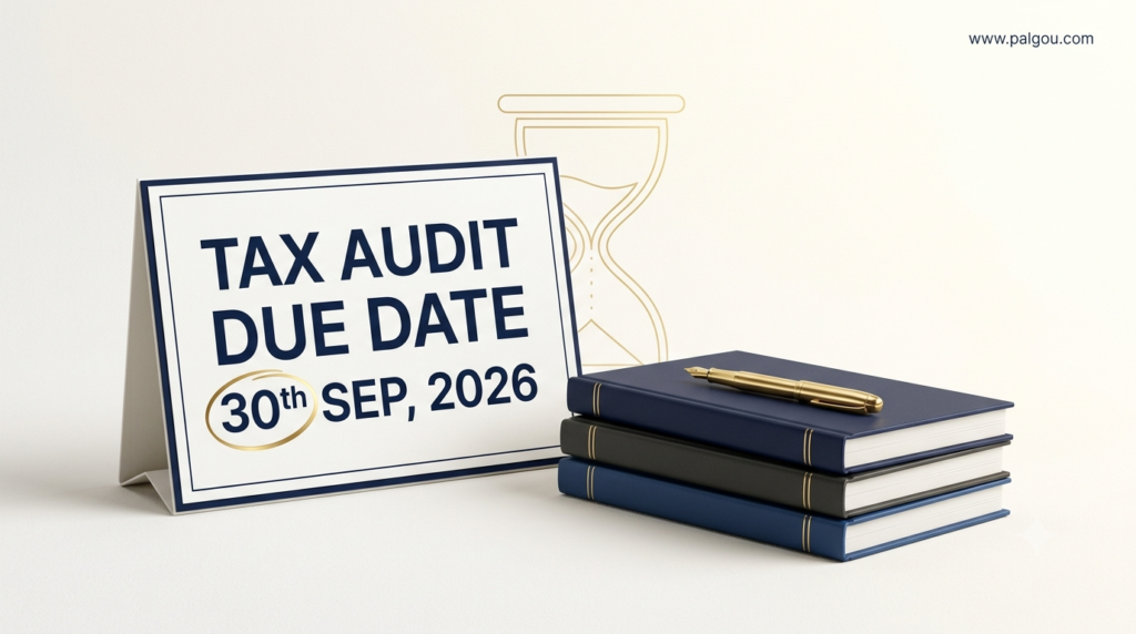 Tax audit due date AY 2026-27 shown as 30 September on a desk calendar beside navy audit files and a gold pen