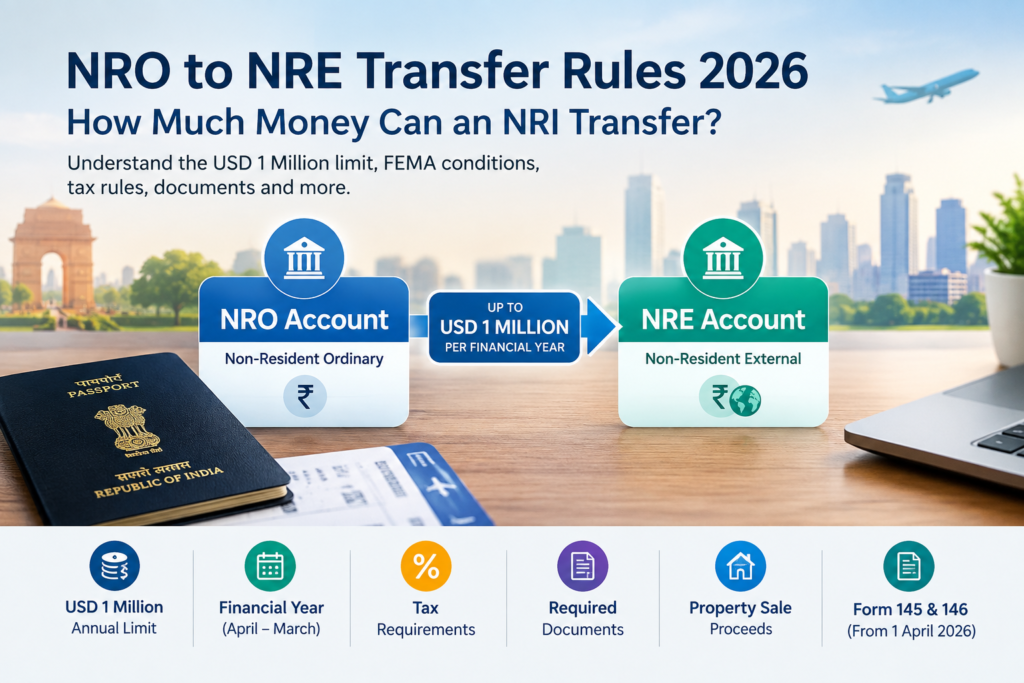 NRO to NRE transfer rules 2026 showing the USD 1 million annual limit for NRIs