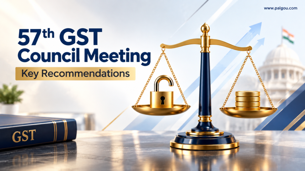 Balance scale with a padlock and gold coins illustrating the 57th GST Council meeting recommendations on penalties, prosecution and refunds